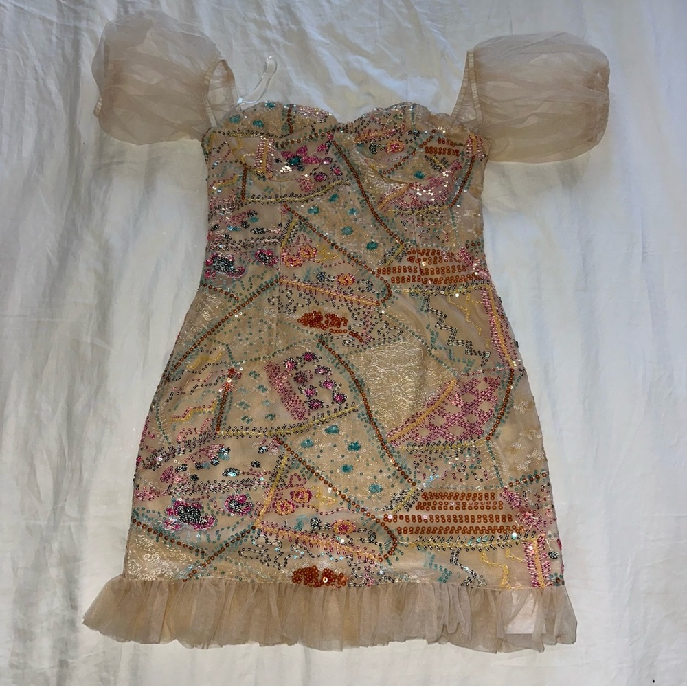 Size small women’s multi colored sequin mini dress with tulle